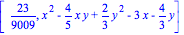 [23/9009, x^2-4/5*x*y+2/3*y^2-3*x-4/3*y]